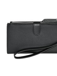 Leather Ladies Double Zip Clutch - Black