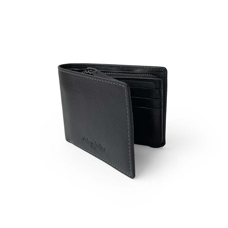 Slim Mens Full Leather Wallet with Zippered Pocket - Black