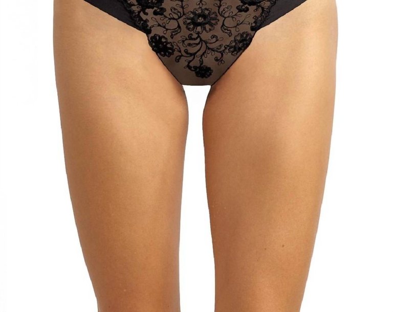 Crown Embroidered Thong Panty - Black