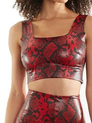 Faux Leather Animal Squareneck Crop Top - Red Snake