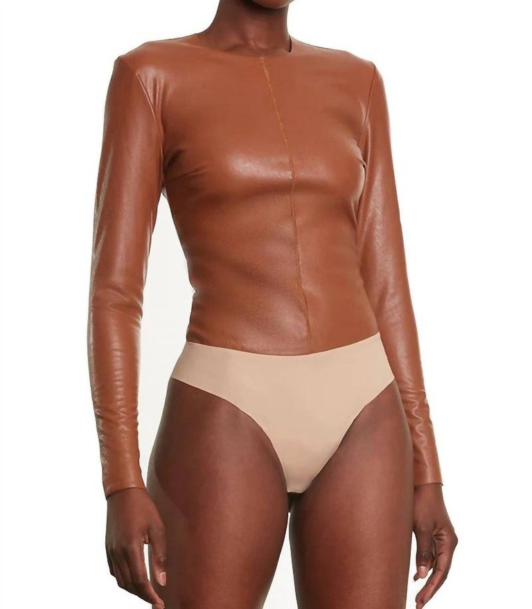 Faux Leather Longsleeve Crew Bodysuit - Cocoa