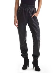 Faux Leather Smocked Jogger - Black