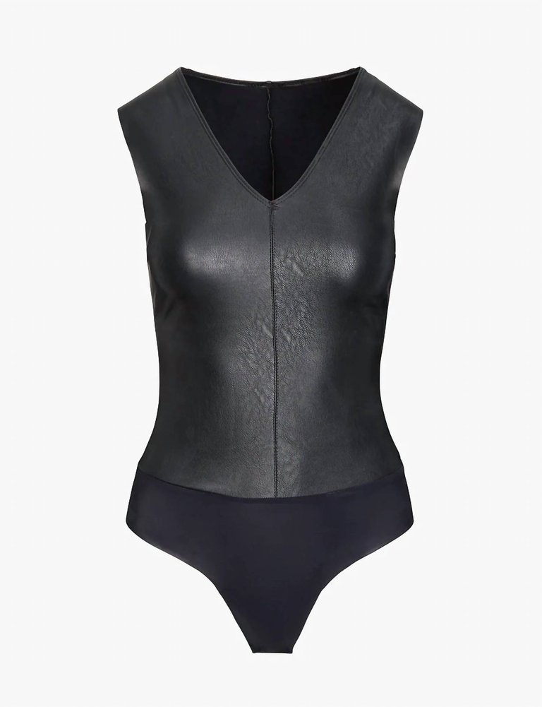 Faux Leather V-Neck Bodysuit In Black - Black