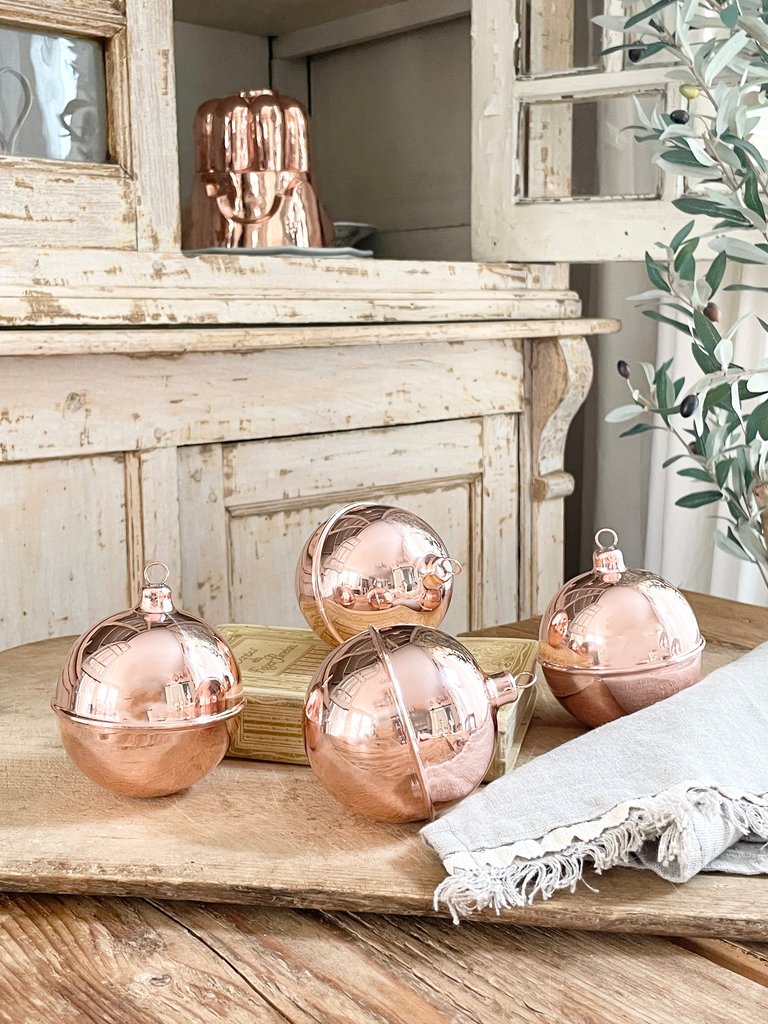 Vintage Inspired Copper Ball Ornaments - Set Of 4
