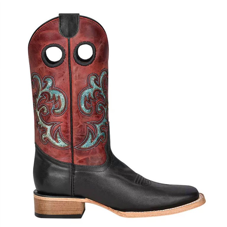 Ladies Shaft And Turquoise Inlay Square Toe Cowboy Boot In Black/red