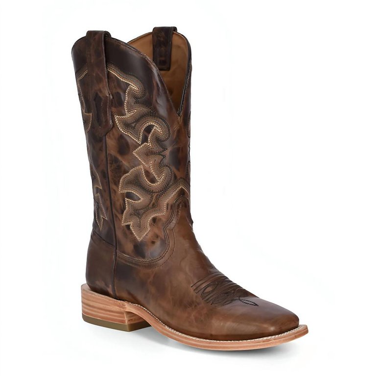 Men's Moka Embroidery Wide Square Toe Rodeo Collection Western Boots In Brown - Brown