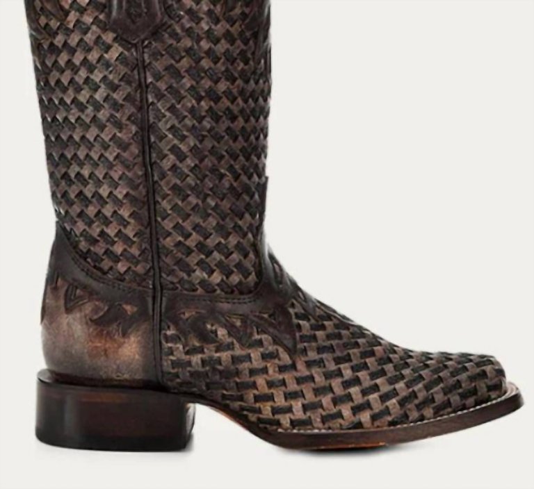 Women's Glitter Woven Overlay Square Toe Cowboy Boot In Chocolate