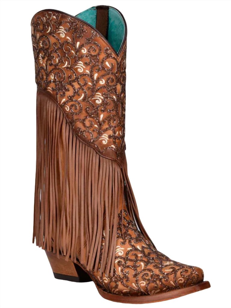 Women's Overlay White Embroidery Lamb Fringe Snip Toe Cowboy Boot In Honey - Honey