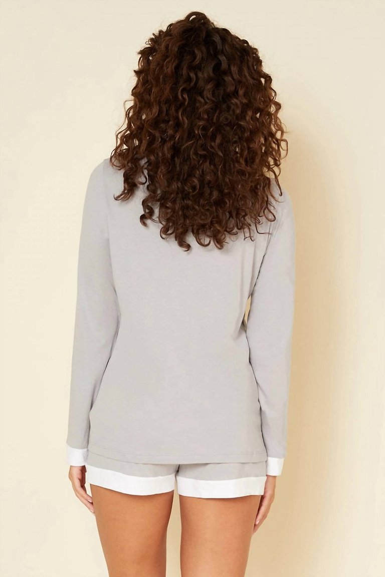 Bella Long Sleeve Top & Boxer Pajama Set In Dove Gray/white
