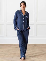 Women's Long Sleeve Bamboo Pajama Top In Stretch-Knit - Navy