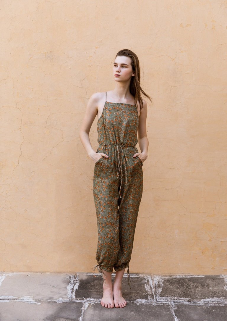 Hand-Printed Cotton Jumpsuit - Safari Green 