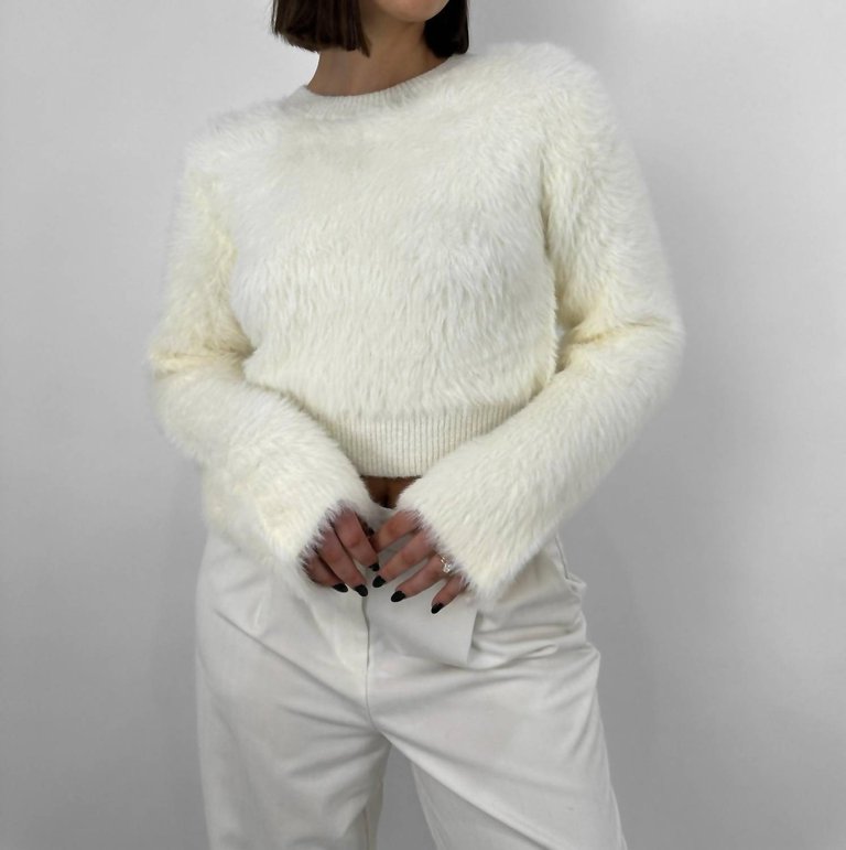 Cropped Wide Sleeve Fuzzy Sweater In Cream - Cream