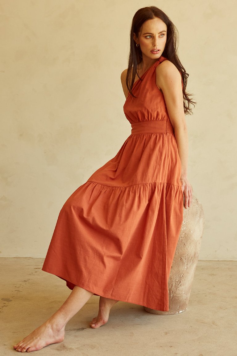 Leda One-Shoulder Midi Dress - Rust