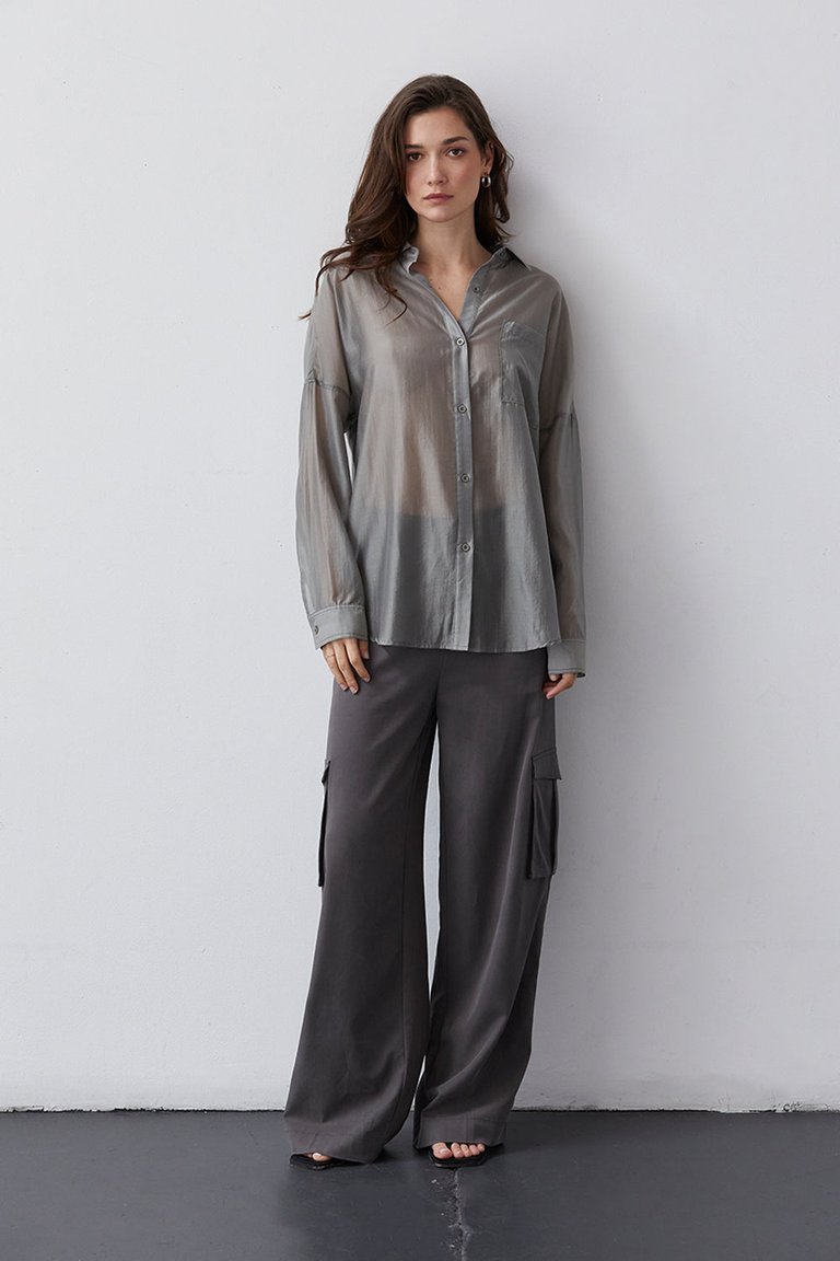 Lillian Sheer Button Up Shirt - Grey