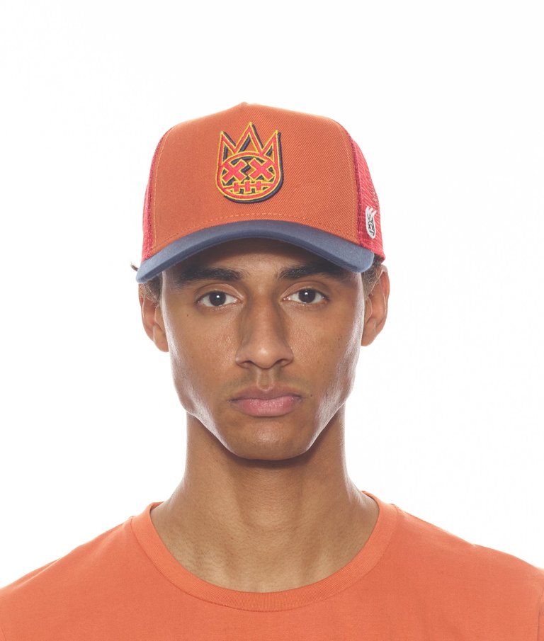 Clean Logo Mesh Back Trucker Curved Visor With Arabesque Crown - Orange