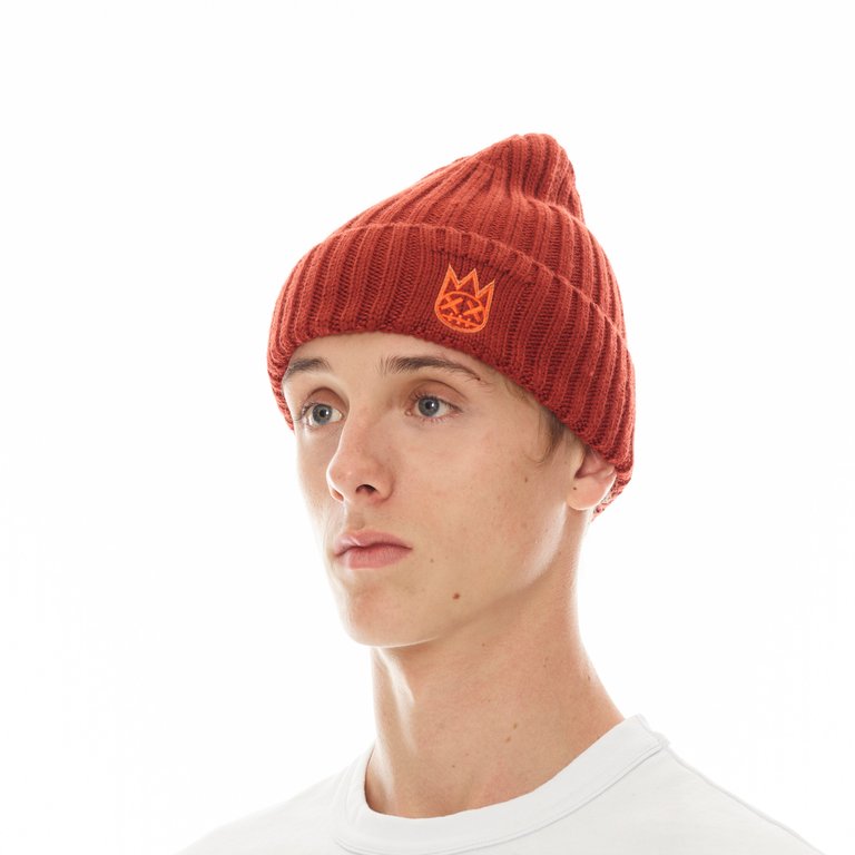 Knit Hat With Clean 2 Tone Shimuchan Logo In Rust