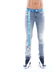 Punk Super Skinny Belted Stretch Jeans In Spray - Blue