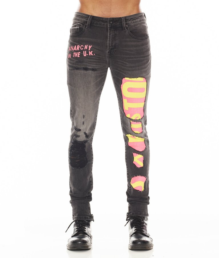 Punk Super Skinny "Sex Pistols" Jeans In Bollocks - Black