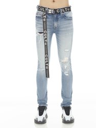 Punk Super Skinny Stretch Jeans With White Belt - Blue