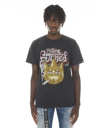 Short Sleeve Crew Neck Tee "Rolling Stoned" In Black/AC Dc Wash - Black