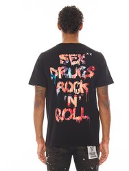 Short Sleeve Crew Neck Tee "Sex Drugs Rock N Roll" In Black