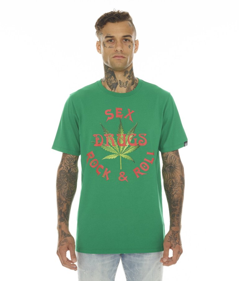 T-Shirt Short Sleeve Crew Neck Tee "Sex Drugs & Rock N Roll" - Kelly Green