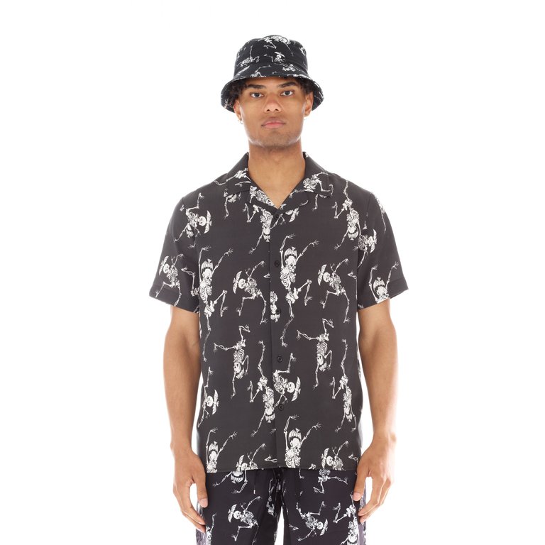 Yakuza Short Sleeve Woven Shirt "Dancing Skeleton" In Black