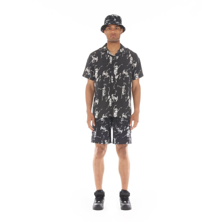 Yakuza Short Sleeve Woven Shirt "Dancing Skeleton" In Black - Black