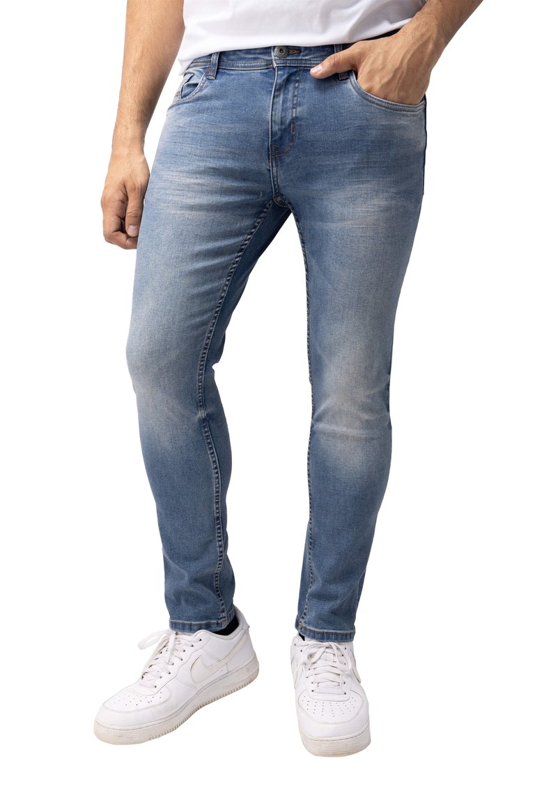 Azure Mens Basic Casual Stretch Washed Denim Jeans Flex Tapered Leg - Slim Fit - 	Medium Blue