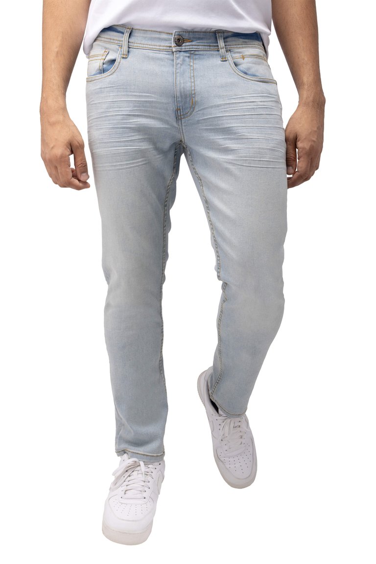 Mens Basic Casual Stretch Washed Denim Jeans Flex Tapered Leg - Slim Fit - Light Blue