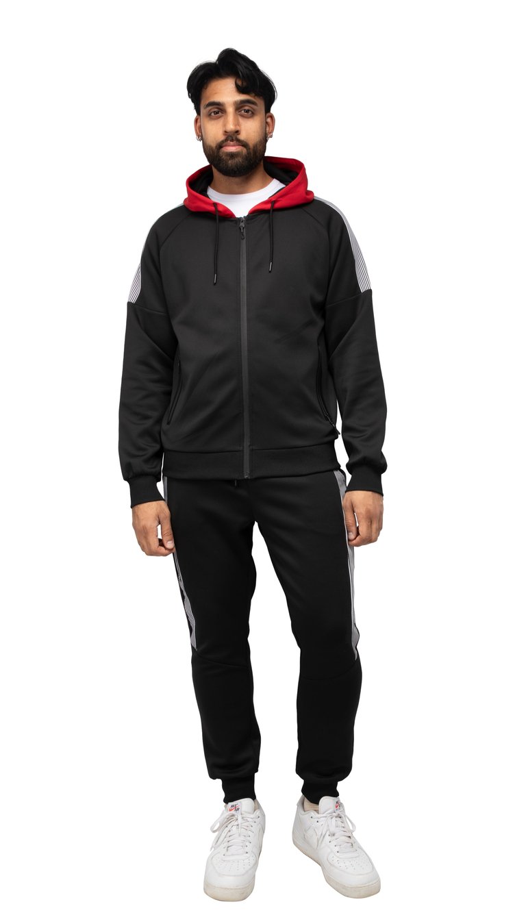 Men's Zip Up Hoodie Track Suit Sweatsuit - Black/Red/White