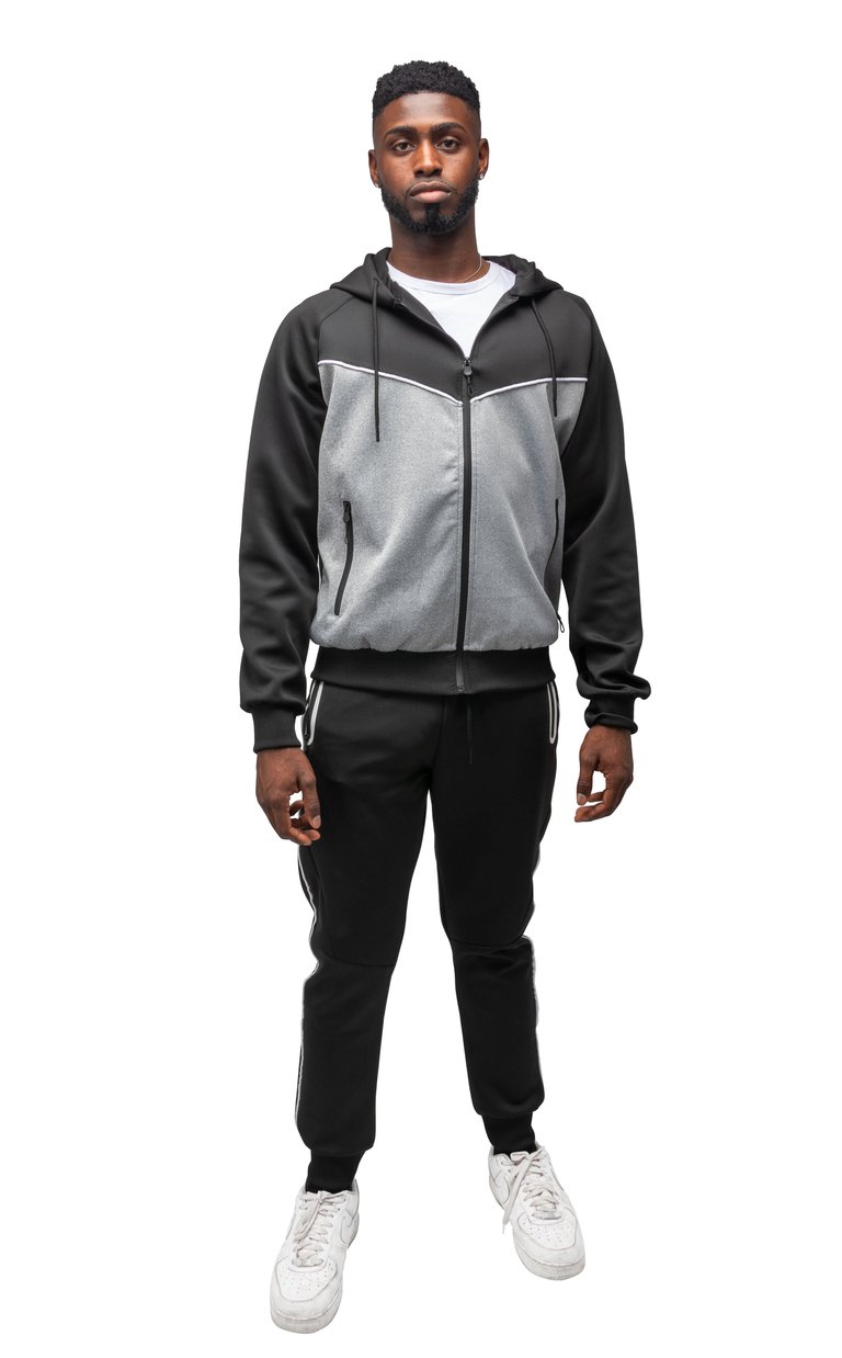 Men's Zip Up Hoodie Track Suit Sweatsuit - Black/Heather Grey/White