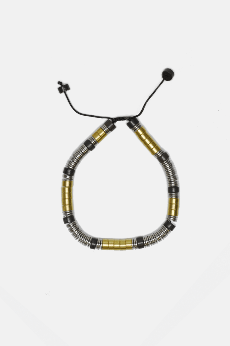 Brass + Onyx + Steel Disks Beaded Bracelet - Brass