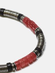 Red Jade + Onyx + Steel Disks Beaded Bracelet