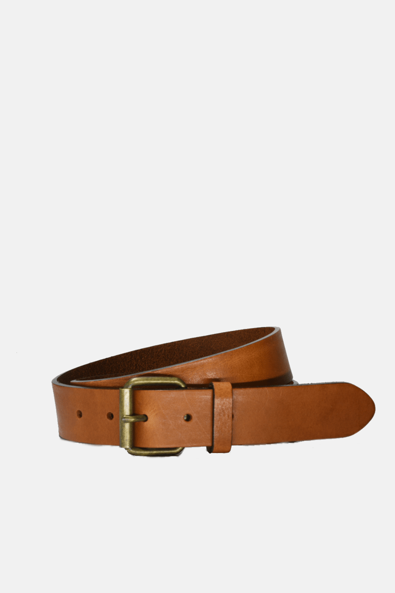 Tan Brown Leather with Brass Buckle Belt - Brown