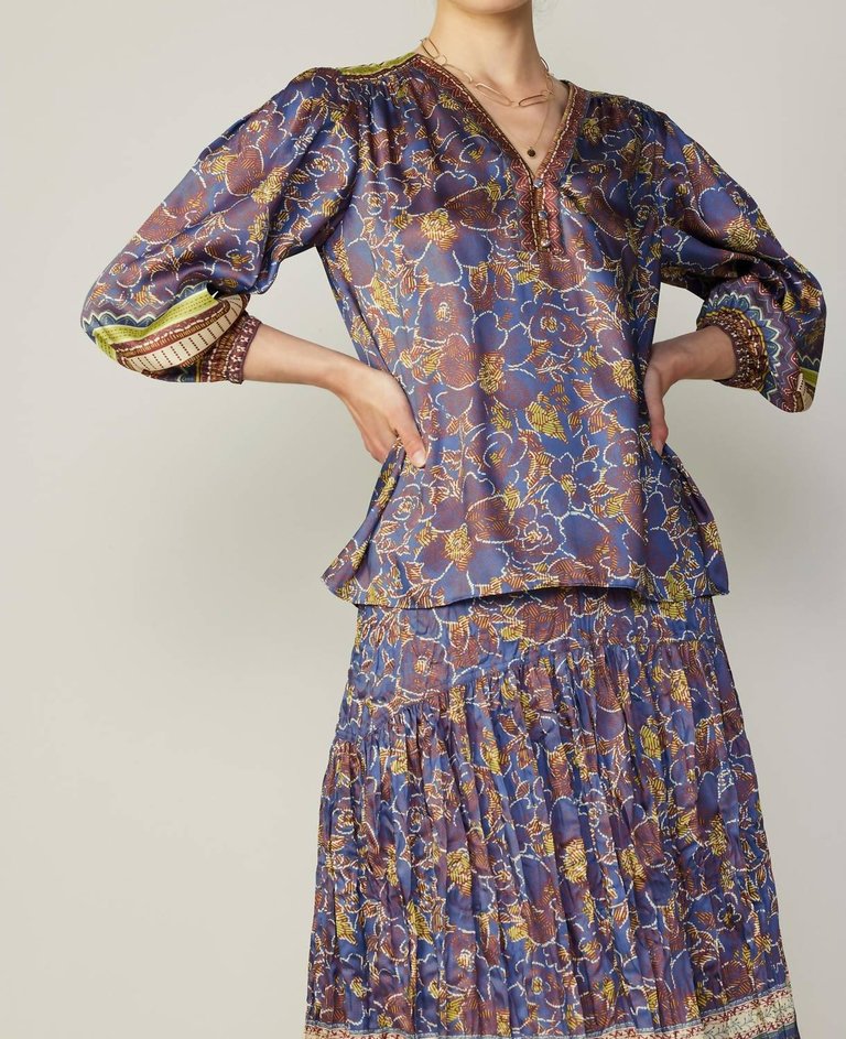 Border Print Paisley Top - Blue/Brown/Multi