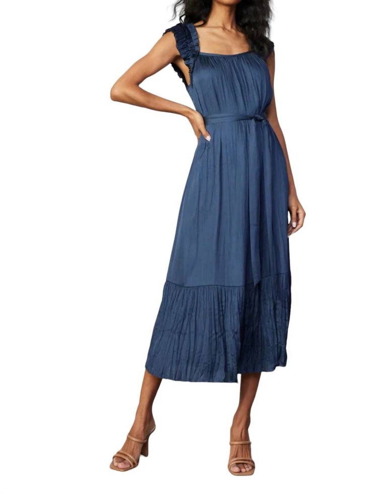 Crinkled Ruffled Shoulder Midi Dress In Navy - Navy