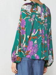 Long Sleeve Split Neck Pleated Blouse