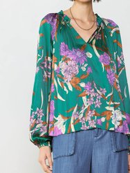 Long Sleeve Split Neck Pleated Blouse - Green Floral