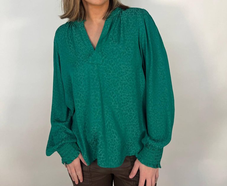 Split Neck Long Sleeve Blouse In Green - Green