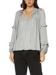 Split Neck Long Sleeve Top - Grey Marble