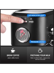 Black Espresso Machine for At Home Use With Milk Steam Frother Wand And Electric Coffee Bean Grinder With Removable Stainless Steel Bowl