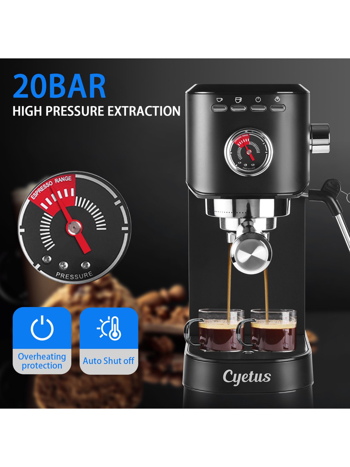 Cyetus Black Espresso Machine With Milk Steam Frother Wand, Electric Coffee  Bean Grinder And 4 in 1 Automatic Milk Frother, Steamer