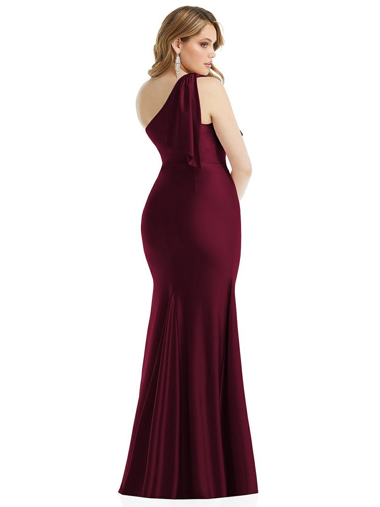 Cascading Bow One-Shoulder Stretch Satin Mermaid Dress With Slight Train - CS108 