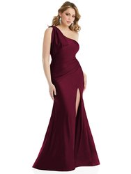 Cascading Bow One-Shoulder Stretch Satin Mermaid Dress With Slight Train - CS108  - Cabernet