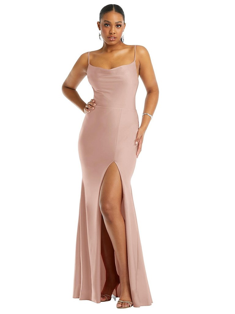 Cowl-Neck Open Tie-Back Stretch Satin Mermaid Dress With Slight Train - CS105 - Toasted Sugar