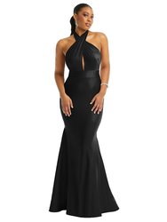 Criss Cross Halter Open-Back Stretch Satin Mermaid Dress - CS112 - Black