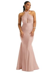 Criss Cross Halter Open-Back Stretch Satin Mermaid Dress - CS112 - Toasted Sugar