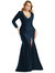 Long Sleeve Draped Wrap Stretch Satin Mermaid Dress With Slight Train - CS102 - Midnight Navy