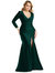 Long Sleeve Draped Wrap Stretch Satin Mermaid Dress With Slight Train - CS102 - Evergreen